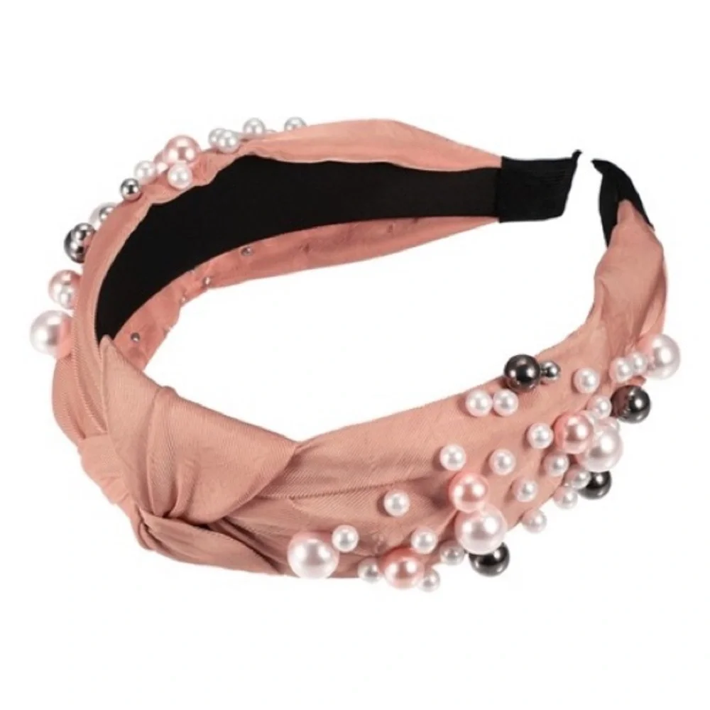 Pink Women's Fashion Wide Faux Pearl Bead Knotted Headband - New